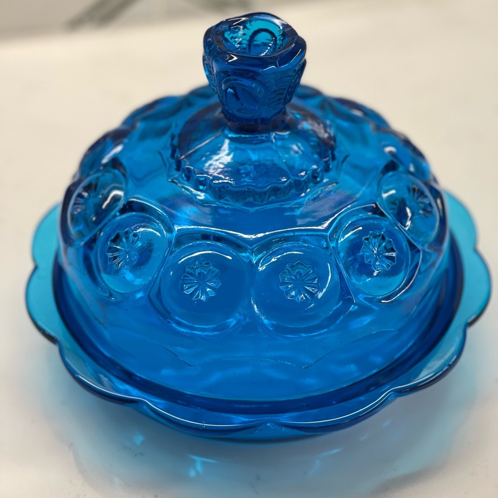 L.E. Smith Moon and stars Butter Dish, Blue